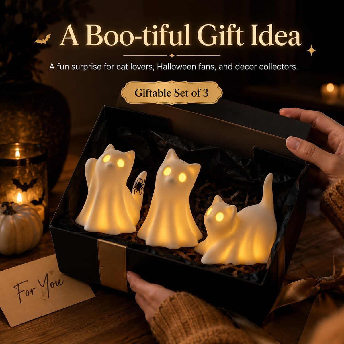 3PCS Ceramic Ghost Cat Light Up Decor Cat Ghost Halloween Decor
