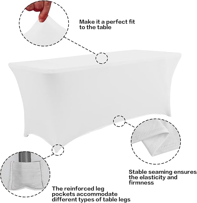 IVAPUPU 2 Pack 8FT Spring Table Cloth for Rectangular Fitted Events Stretch White Table Covers Washable Spandex Tablecloth Protector for Party, Wedding, Cocktail, Banquet, Festival