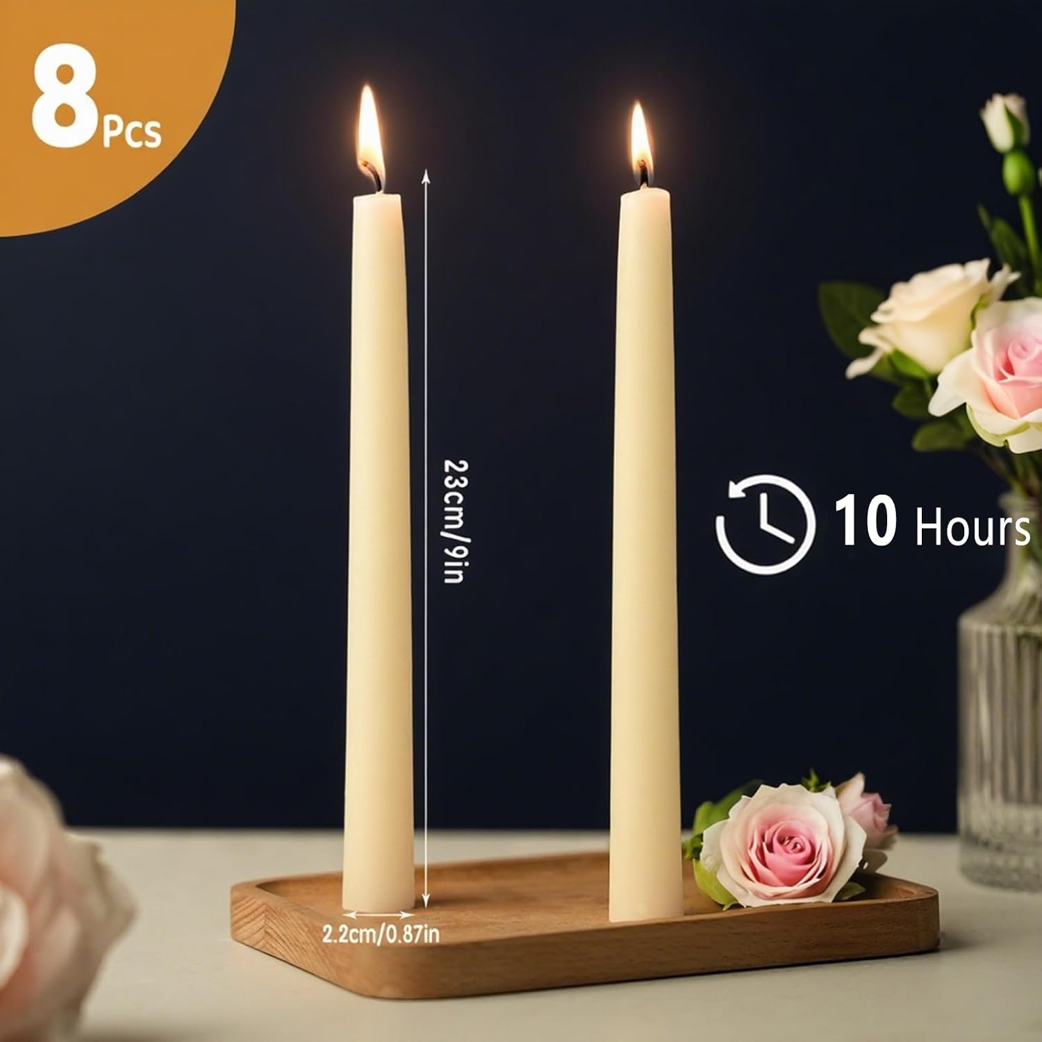 Beeswax Taper Candles White, 9 Inch Natural Beeswax Long Candle Sticks, 10 Hours Burn Time, Smokeless & Dripless Tall Taper Candle for Table Decor, Unscented Bee Wax Tapered Candles (8 Packs)