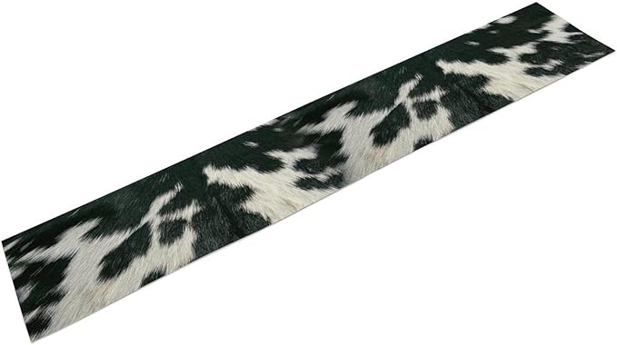 Cow Skin Print Table Runner, Rustic Country Farm Fur Skin Cowhide Pattern Western Style Black White Print Table Runner for Home Kitchen Dinning, 13x36 Inch