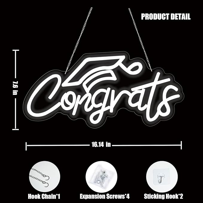 Congrats Grad Neon Sign for Backdrop wall decor，Dimmable USB Powered Light Up Letters for Dorm Walls，White Grad Gifts Sign for Graduation ClassRoom Party bedroom size:16.14 * 7.6 inch