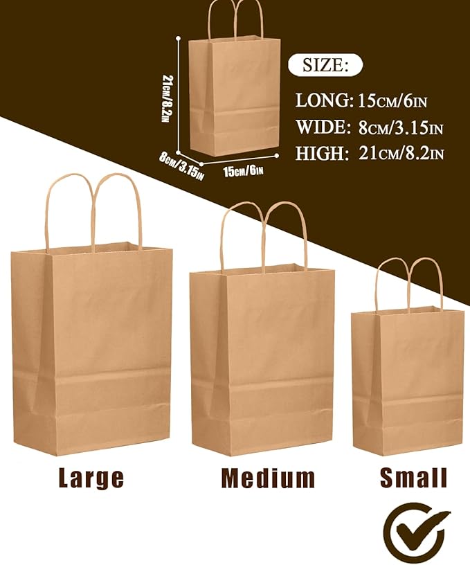qiqee 100-Packs Brown Paper Gift Bags with Handles Bulk 8.26"×6"×3.15" Small Size Gift Bags Multiple Uses