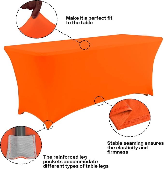 IVAPUPU 2 Pack 6FT Table Cloth for Rectangular Fitted Events Stretch Orange Table Covers Washable Spandex Tablecloth Protector for Party, Wedding, Cocktail, Banquet, Festival