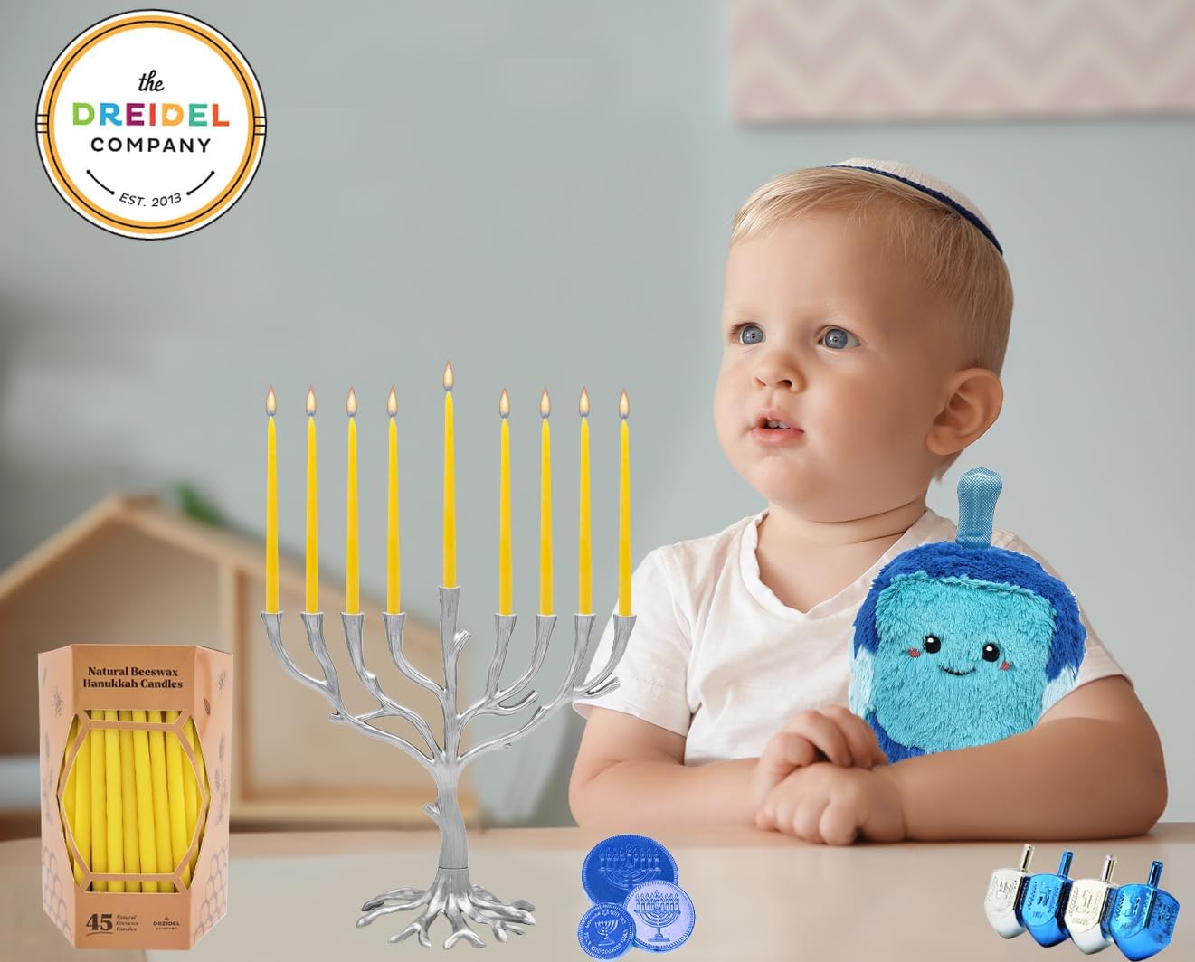 Natural Beeswax Hanukkah Candles, Hand-Made Chanukkah Menorah 45 Yellow Candles for All 8 Nights Fits Most Menorah Burn Time 1-Hour
