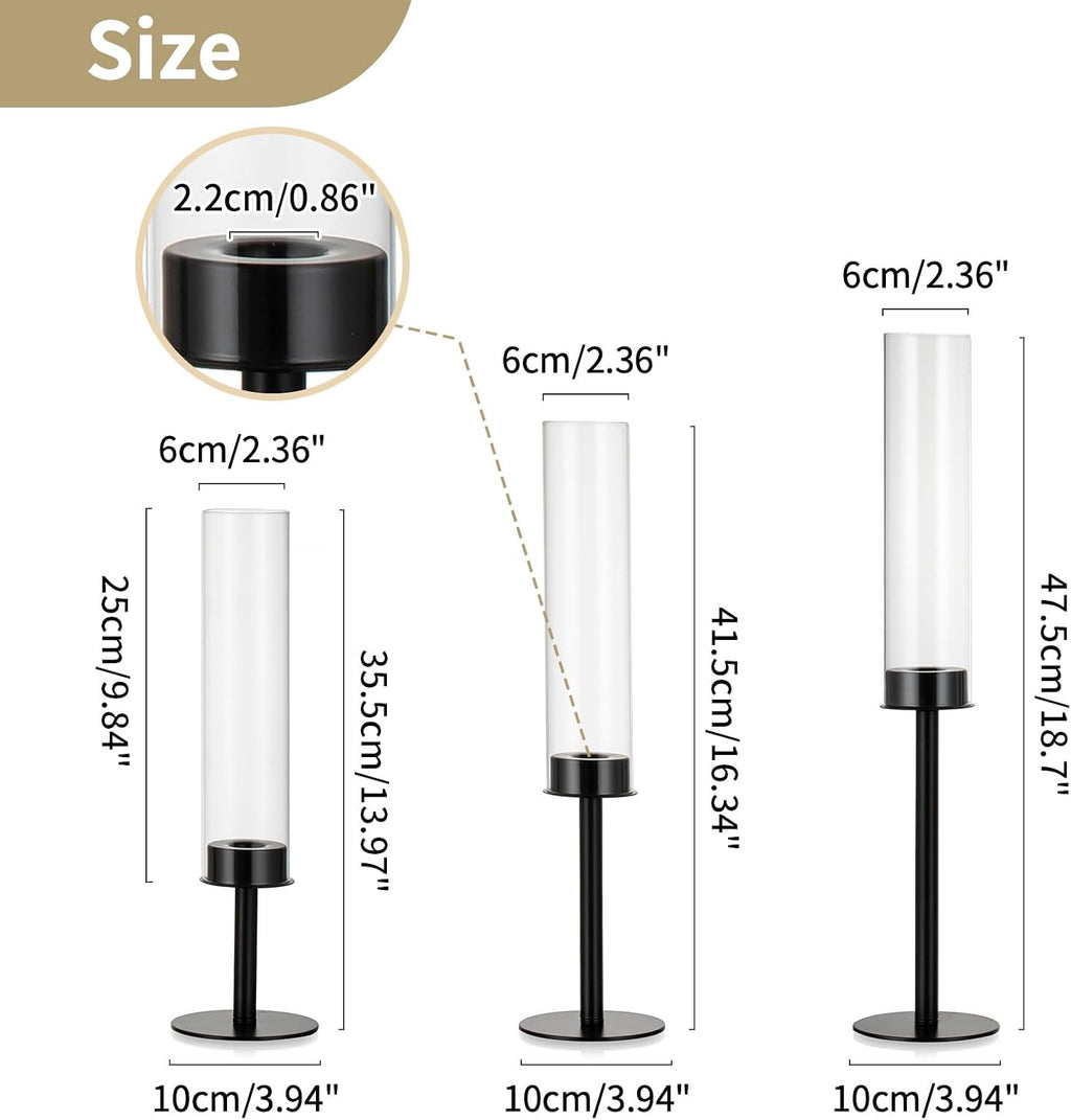 NUPTIO Black Candlestick Holders for Centerpiece: Set of 3 Hurricane Taper Holder with Windproof Glass Cover Long Stem Cylinder Metal Candle Sticks Stands for Halloween Christmas Table Decoration