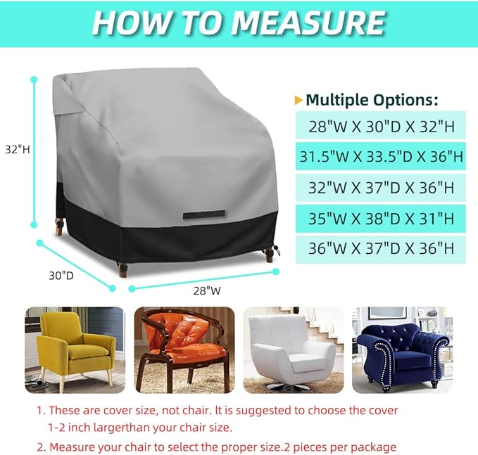 Patio Swivel Chair Cover Waterproof 2 Pack, 600D Heavy Duty Outdoor Furniture Covers for Universal Lawn/Deck/Garden/Backyard Fits up 28" W*30" D*32" H, Gray/Black