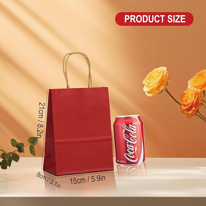BAG BOX 50 Pack Small 5.9x3.1x8.25 Inch Red Kraft Paper Gift Bags with Handles for Bulk Shopping, Retail, Craft, Party Favors, Wedding, Grocery & Sacks