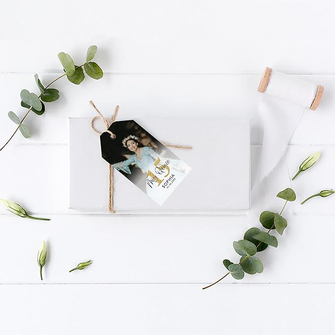 Andaz Press 40-Pack Personalized Quinceañera Favor Tags with String, Classic Gift Tags Mis Quince with Custom Photo for Quince Años, XV, 15th Birthday, Favor Gifts, Quinceanera Decorations