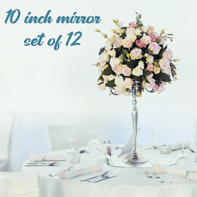 JAMBALAY Round Mirror Centerpieces for Tables, Set of 12 10" Glass Mirror Table Centerpieces, Circle Glass Mirror Trays, Mirror Candle Plates for Wedding Decorations and Party