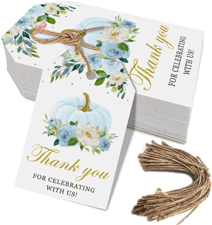 50 Pcs Pumpkin Gift Tags, Fall Theme Gift Tags with String, Thank You for Celebrating with Us Tags for Wedding Thanksgiving Birthday Baby Shower Party Favors (Color Blue)