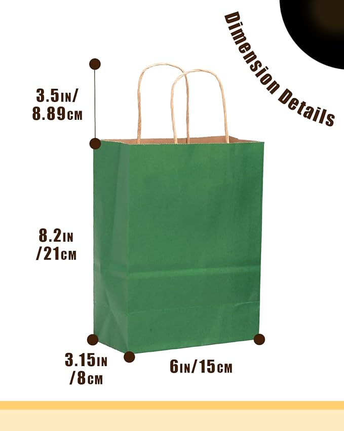 qiqee 50-Packs Gift Bag with Handles Bulk Kraft Deep Green Paper Bags Multiple Uses (8.3"x3"x6"inch Small Size)