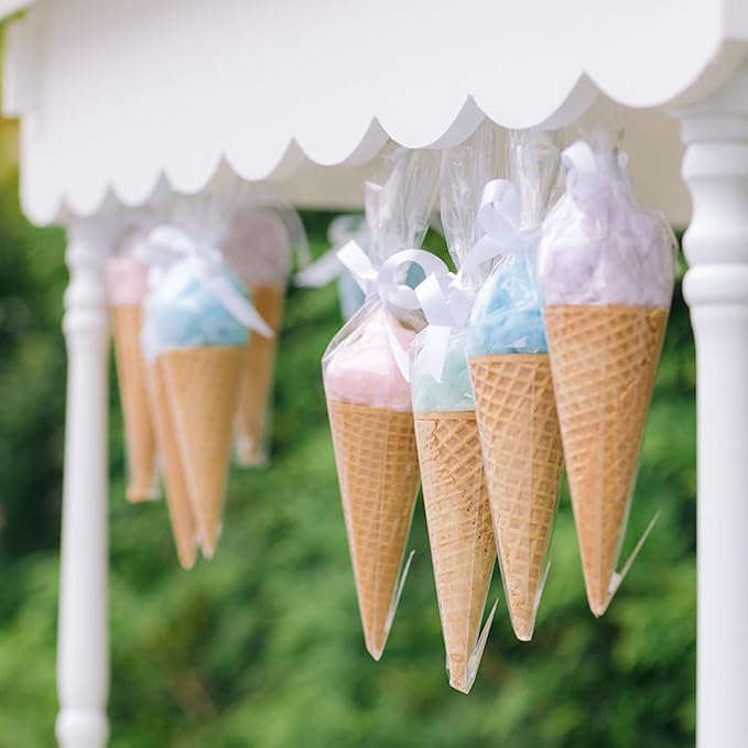 EKAPACKAGING 100Pcs 6.3x11.8 Inches Clear Cone Shaped Treat Cellophane Bags Twist Tie Triangle Christmas Party Favor Cotton Candy Bags With Ties For Popcorn, Chocolates, Ice Cream Cone