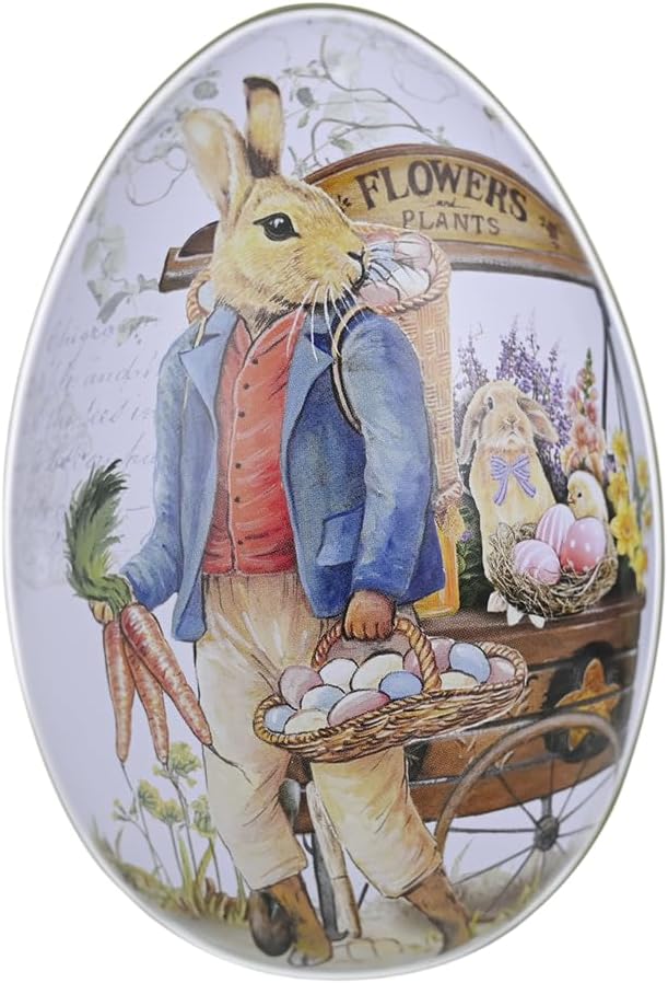 4.3" Medium Easter Egg Tin - Retro Rabbit & Carrot Metal Storage Box, Traditional Garden Style Egg Shaped Keepsake for Candies & Jewelry