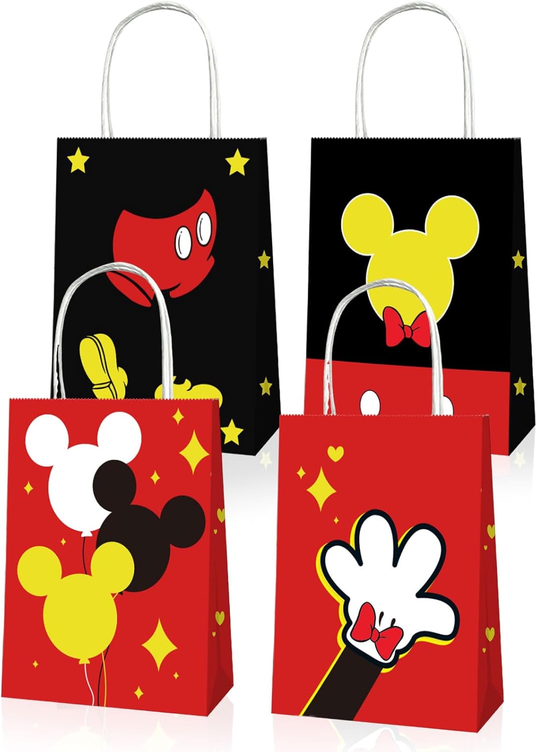 EBWHOLE 12 Pcs Cute Mouse Party Favor Bags, Cartoon Birthday Party Supplies Including 4 Patterns Double Sided Printed Candy Goodie Treat Bags with Handl (A)