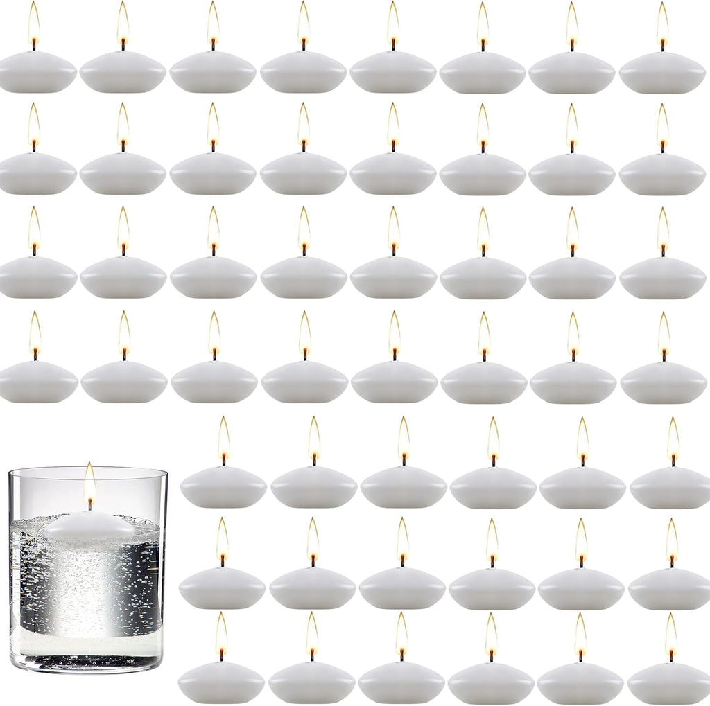 50 Pieces 1.5 Inch Valentine's Day Floating Candles, Unscented Floating Candles for Centerpieces Dripless Wax Discs for Wedding, Valentine's Party, Pool Party, Spa & Bathtub(White)