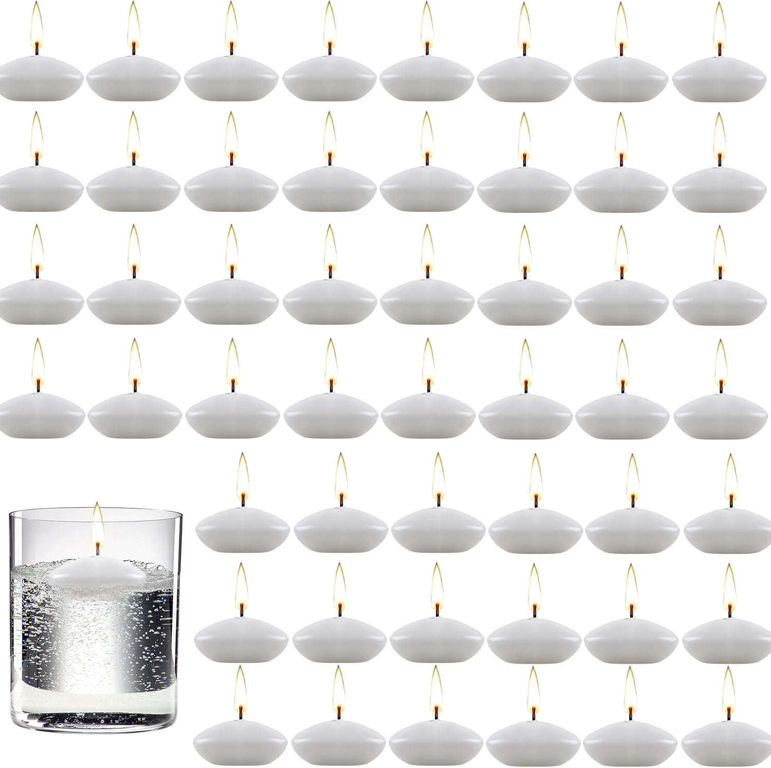 50 Pieces 1.5 Inch Valentine's Day Floating Candles, Unscented Floating Candles for Centerpieces Dripless Wax Discs for Wedding, Valentine's Party, Pool Party, Spa & Bathtub(White)
