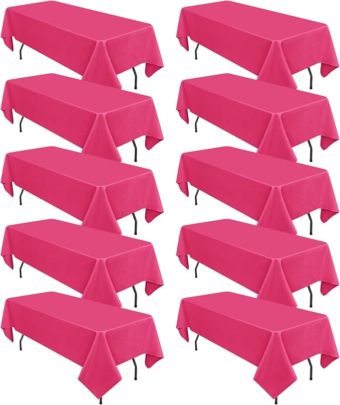 10 Pack Hot Pink Tablecloths for 6 Foot Rectangle Tables 60 x 102 Inch - 6ft Rectangular Bulk Polyester Fabric Table Clothes for Wedding Buffet Party Banquet Reception Restaurant and Camping