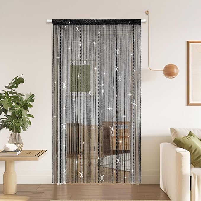 Hysenm Door String Curtains 39x79 Inch Black Panel Soft Balls Romantic Glitter Fringe Room Divider Home Décor Wedding Girls Bedroom Window Living Room Backdrop Party Doorways Closet
