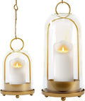 Hurricane Glass Candle Holders, Large & Medium Brass Lanterns Hurricane Candlestick Holder for Pillar Candles Vintage, Gold Metal Rustic Farmhouse Decor with Hook Chains