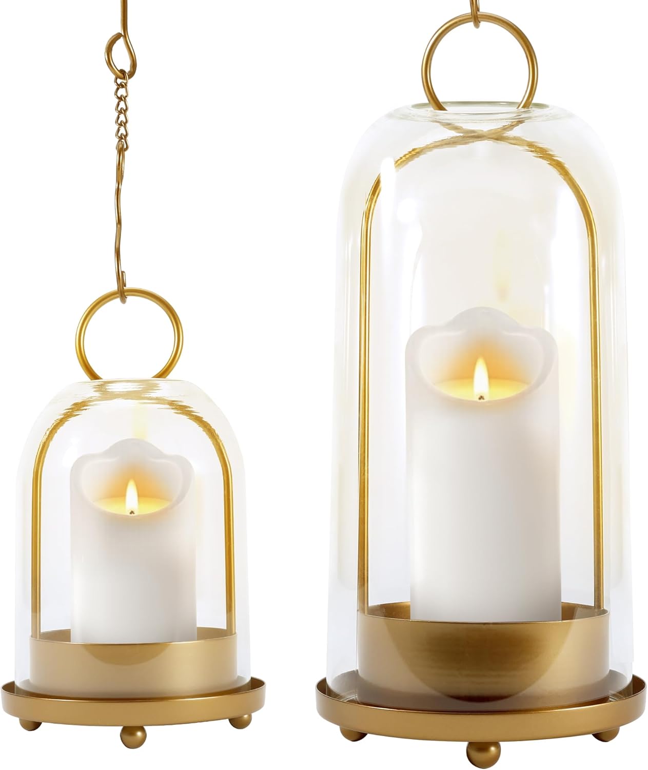 Hurricane Glass Candle Holders, Large & Medium Brass Lanterns Hurricane Candlestick Holder for Pillar Candles Vintage, Gold Metal Rustic Farmhouse Decor with Hook Chains