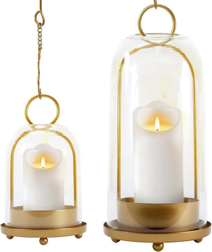 Hurricane Glass Candle Holders, Large & Medium Brass Lanterns Hurricane Candlestick Holder for Pillar Candles Vintage, Gold Metal Rustic Farmhouse Decor with Hook Chains