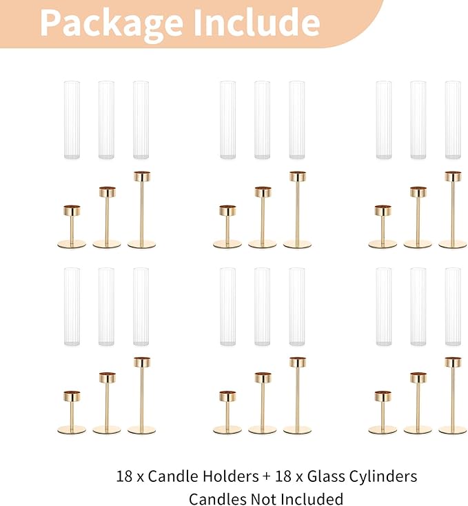 NUPTIO Hurricane Glass Candles Holder: 18 Pcs Gold Taper Candle Stick Holder Bulk - Modern Candlestick Decor with Tall Ribbed Chimney Sleeve for Thanksgiving Christmas Centerpiece