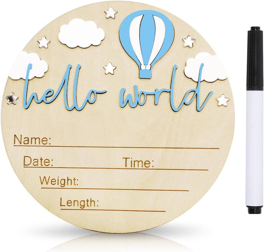 Baby Announcement Sign, 5.9 Inch Wooden Hello World Newborn Signs, Birth Announcement Sign and Pen, Hot Air Balloon and White Cloud Decoration, Welcome Newborn Arrival to World (Blue)
