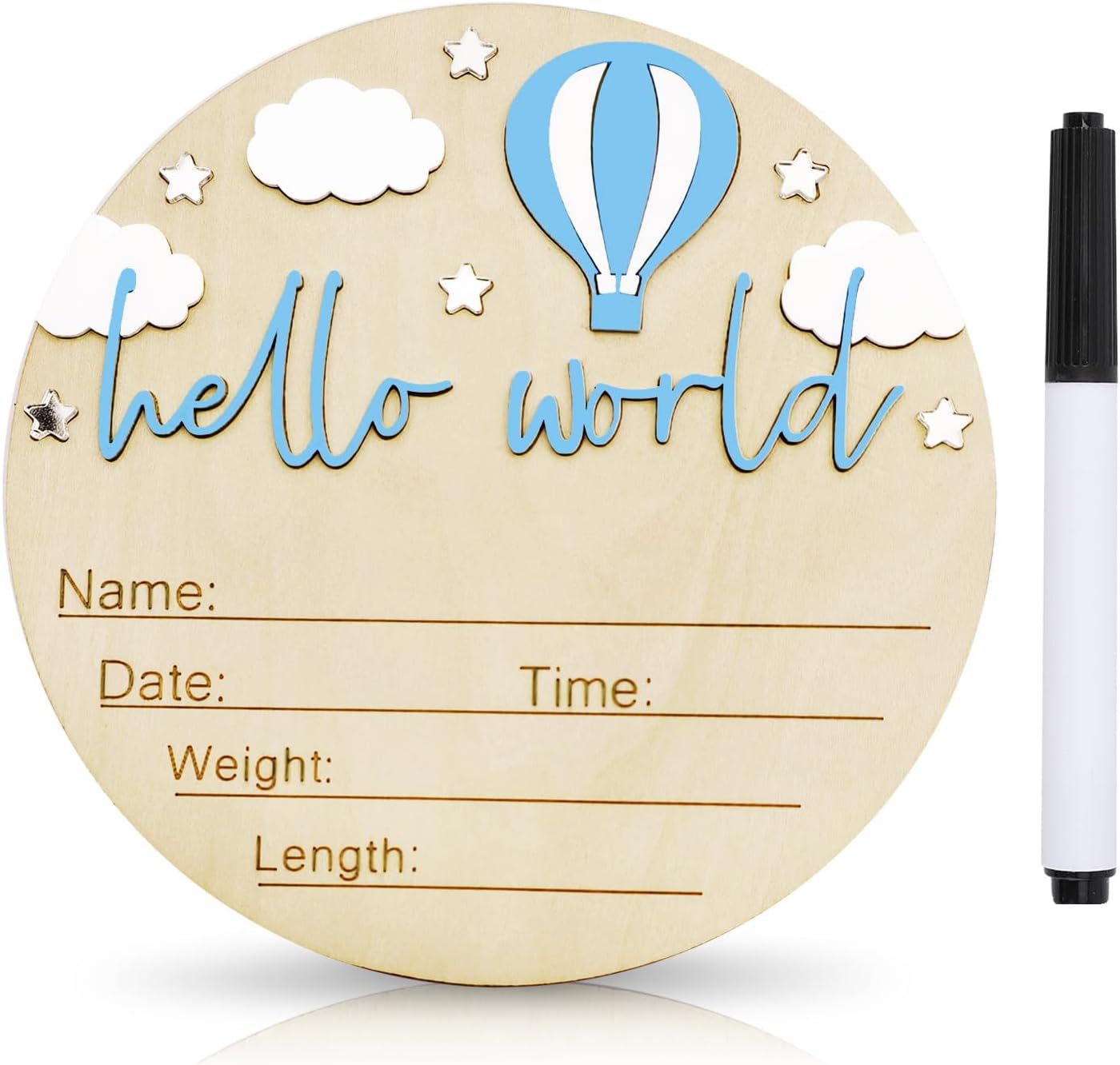 Baby Announcement Sign, 5.9 Inch Wooden Hello World Newborn Signs, Birth Announcement Sign and Pen, Hot Air Balloon and White Cloud Decoration, Welcome Newborn Arrival to World (Blue)