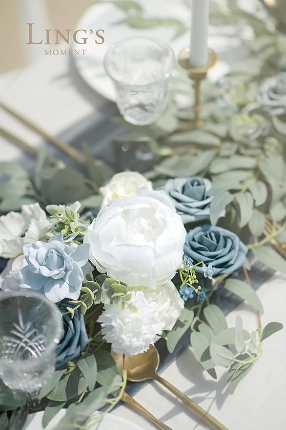 Ling's Moment Flower Garland - 6FT Eucalyptus & Rose - Sweetheart Table Decor for Wedding Reception, Artificial Arch Floral Garland for Mantle, Christmas, Beach Decoration, Dusty Blue & White