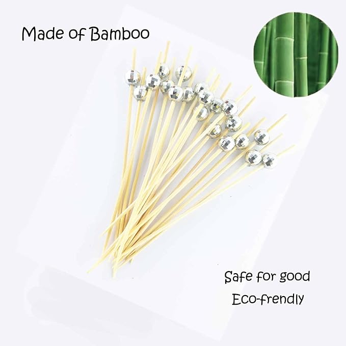 120 Pcs Glitter Ball Cocktail Picks 4.7" Drinks Fruits Hawaiian Party Food Garnish Skewer Sticks Halloween Decorations Supplies Cowboy Handmade Bamboo Toothpicks