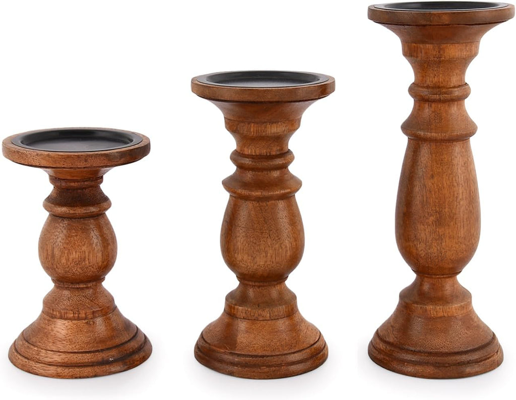 EDHAS Natural Round Turned Candle Holders for Pillar Candles Set of 3 Vintage Style Mango Wood Candle Holder for Centerpiece for Dining, Living Room