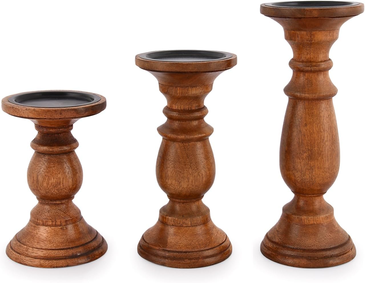 EDHAS Natural Round Turned Candle Holders for Pillar Candles Set of 3 Vintage Style Mango Wood Candle Holder for Centerpiece for Dining, Living Room