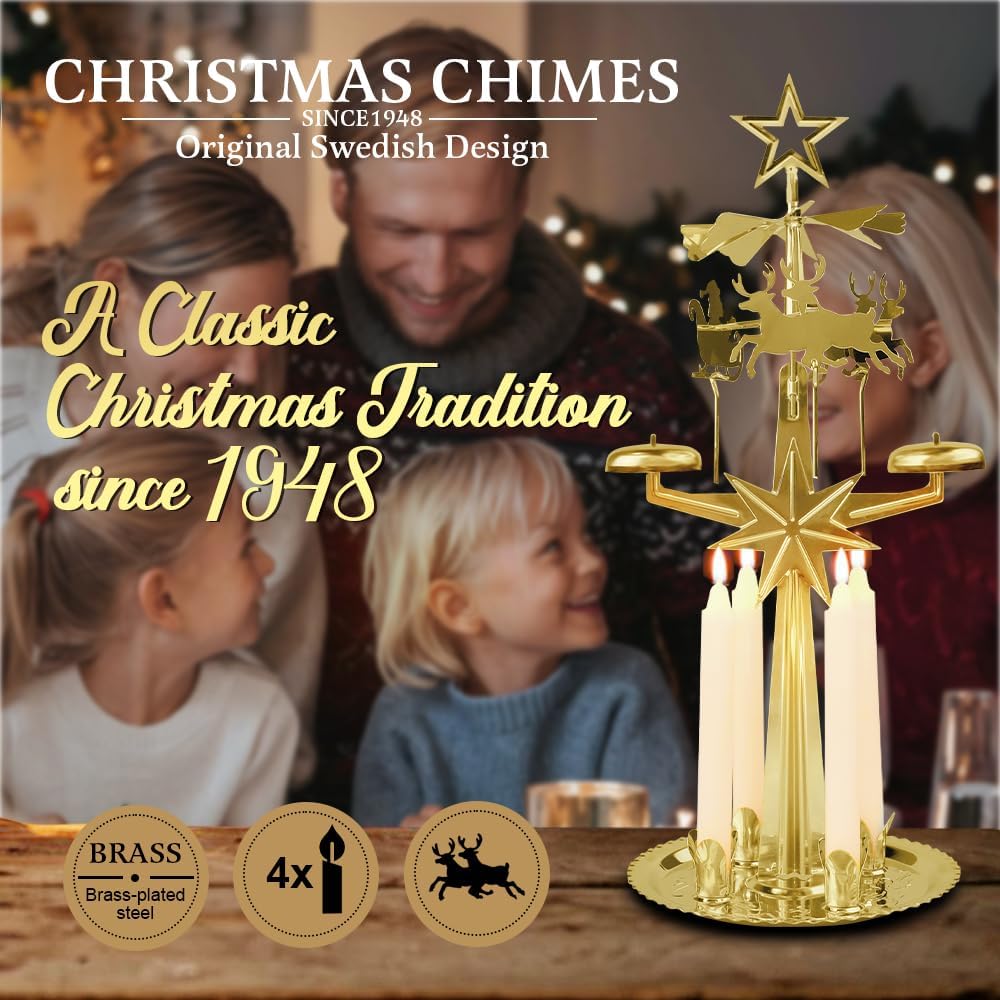 Original Swedish Christmas Chimes, Santa, Carousel and 4 Candles – Scandinavian Spinning Festive Chimes for Christmas, Best Memorial Gift Since 1948, Home Decorations - Brass