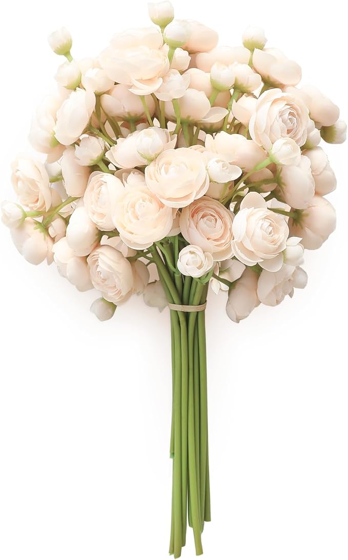 Floroom Ranunculus Artificial Flowers 18 Pcs Champagne Faux Silk Mini Ranunculus Bulk Fake Wedding Filler Flowers for DIY Cream Bouquets, Centerpieces, Bridal Shower Decorations & Arrangements