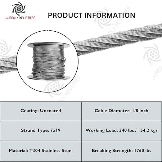 Laureola 1/8" 7x19 Stainless Steel Aircraft Wire Rope 304 Grade (700ft)