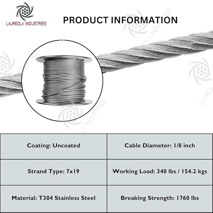 Laureola 1/8" 7x19 Stainless Steel Aircraft Wire Rope 304 Grade (400ft)