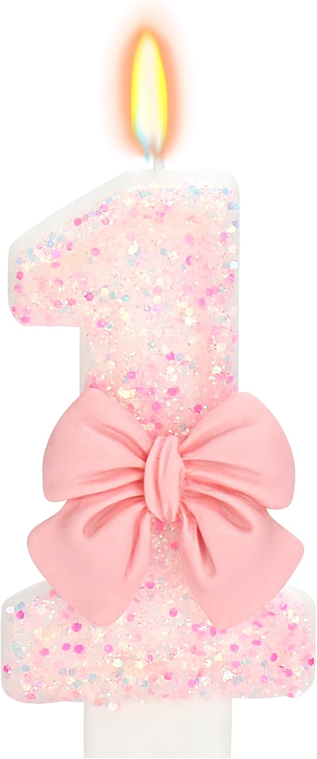 Birthday Candle for Cake, 1 Candle - Pink Glitter with Bowknot, 2.76 inch Happy Birthday Candle, Cake Topper Decoration for 1 Year Old Birthday Party (Number 1)