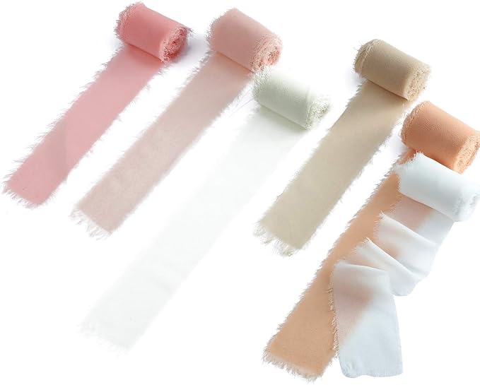 6 Rolls Handmade Fringe Chiffon Silk Ribbon 1.5" x 3 Yd Colorful Ribbon for Wedding Invitations, Bridal Bouquets, Gifts Wrapping, DIY Crafts(Nude Pink Set)