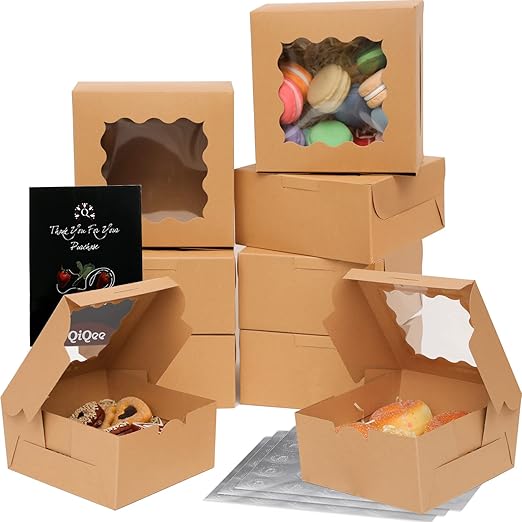 Bakepacker 100pcs Kraft Bakery Boxes with Window 6x6x3 inches Thick & Sturdy Macaroon Pastry Boxes Cookie Boxes for Bakerys