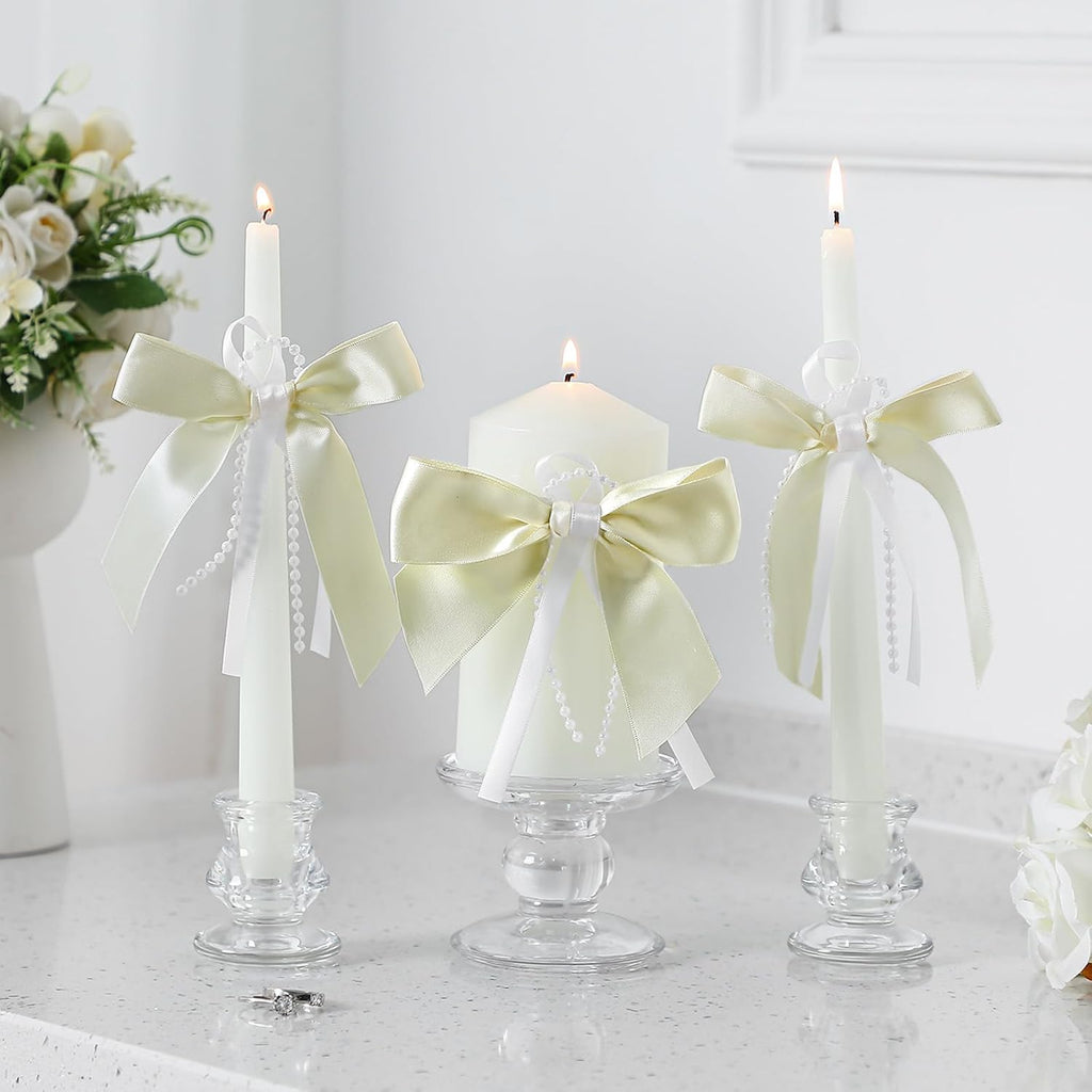 Conelist 3 Pcs Unity Candles for Wedding with Satin Bow and Glass Candle Holder Coquette Unity Pillar and Taper Candles Set Wedding Ceremony Reception Decor for Formal Events Church(Ivory)