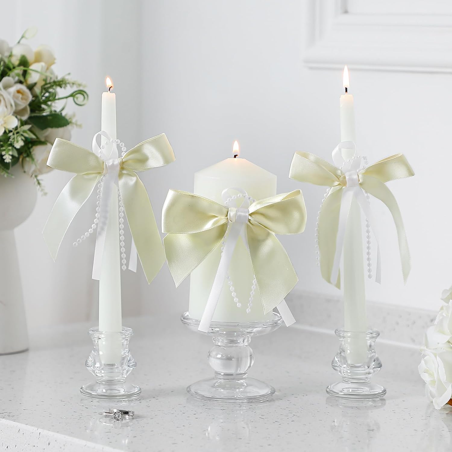 Conelist 3 Pcs Unity Candles for Wedding with Satin Bow and Glass Candle Holder Coquette Unity Pillar and Taper Candles Set Wedding Ceremony Reception Decor for Formal Events Church(Ivory)