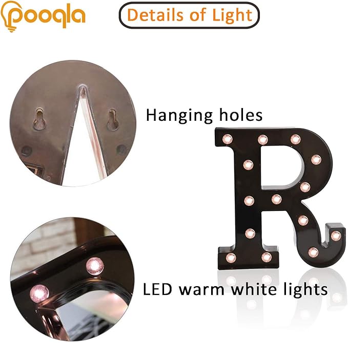 Decorative LED Illuminated Letter Marquee Sign - Alphabet Marquee Letters with Lights For Wedding Birthday Party Christmas Night Light Lamp Home Bar Decoration R, Black