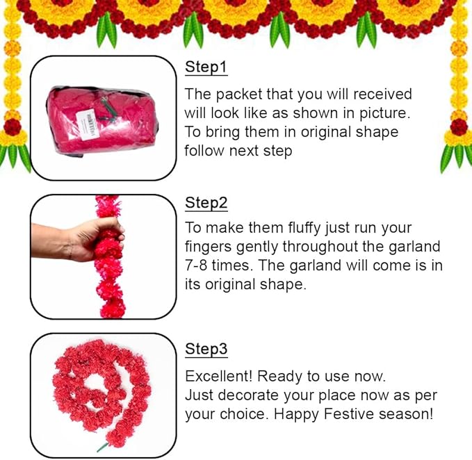 Artificial Marigold Garland for Decoration, Diwali Decorations Pack of 5 - Marigold Garland Flowers for Diwali Pooja -Traditional Indian Decoration (Red 5 PC | 4 to 4.5ft) Hashcart®
