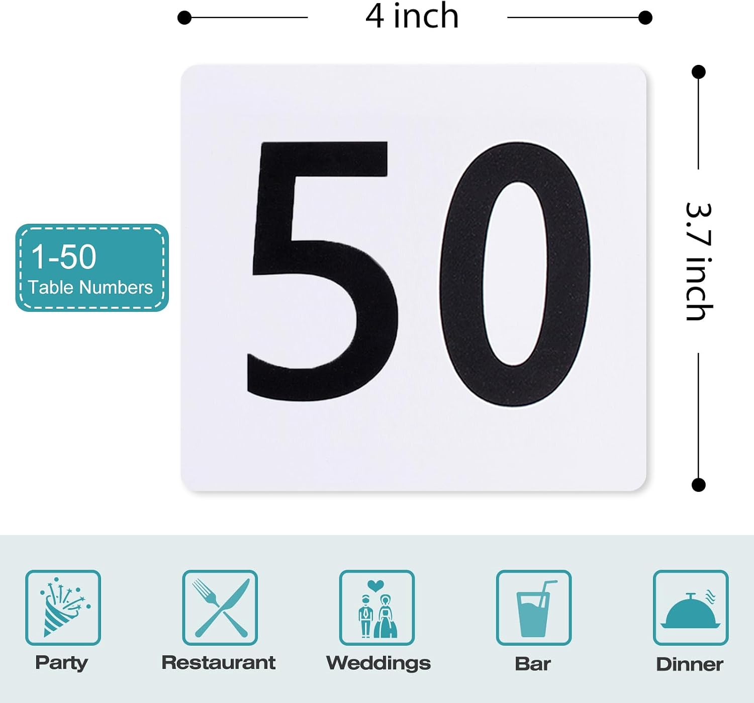 Toncoo 50Pcs Table Numbers 1-50, 3.7x4 Inch Plastic Table Numbers, Double Sided Table Number Cards - for Wedding Reception Restaurant Table Numbers Place Cards, White