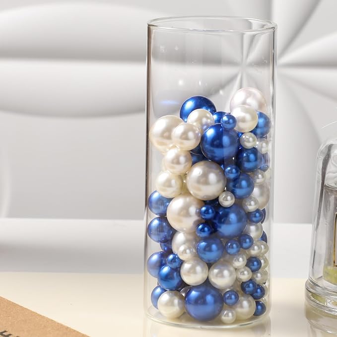 200 Pcs Vase Filler Beads White and Blue Pearl Beads for Vase No Hole Pearls for Centerpieces Vases Home Table Party Decor DIY Wedding 8/14/20mm