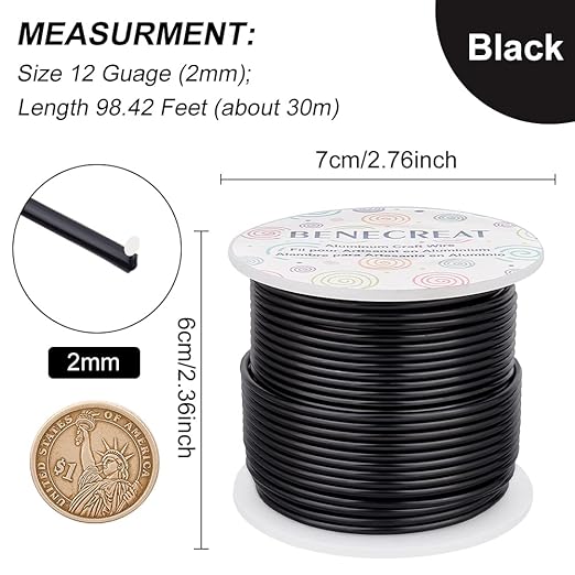 BENECREAT 12 17 18 Gauge Aluminum Craft Wire (12 Gauge,100FT) Anodized Jewelry Making Beading Floral Black Aluminum Craft Wire for Plant Gardening, Sculpting Model Making
