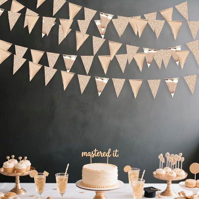 30Ft Champagne Gold Party Decorations Triangle Pennant Banner Gold Hanging Paper Flag Bunting for Graduation Wedding Birthday Bridal Shower Bachelorette Engagement Anniversary Hen Party Supplies