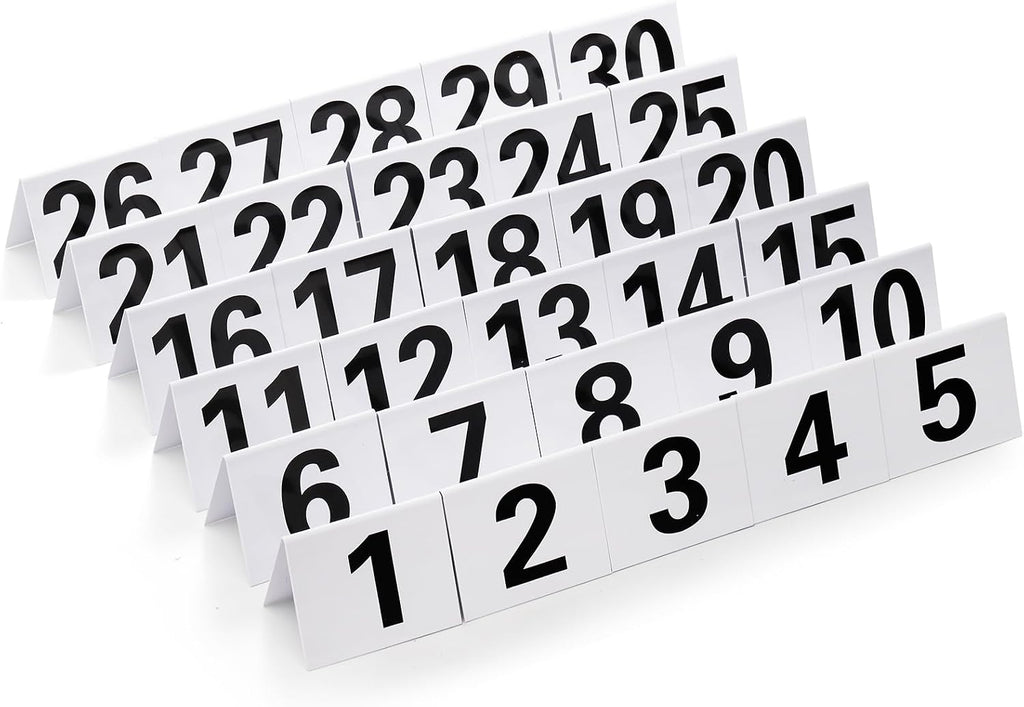 Okllen Set of 30 Restaurant Table Numbers1-30 White, Double Side Acrylic Tent Style Table Numbers for Party, Banquets, Wedding Reception, Events, 3.5"x3"x2.3"