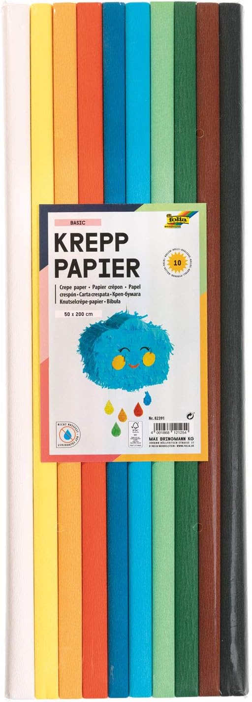Folia Crepe Paper Assortment Basic 10 Rolls in, Each Roll 50 x 200 cm, Very Elastic and Thin Paper, Uneven and Rough Surface