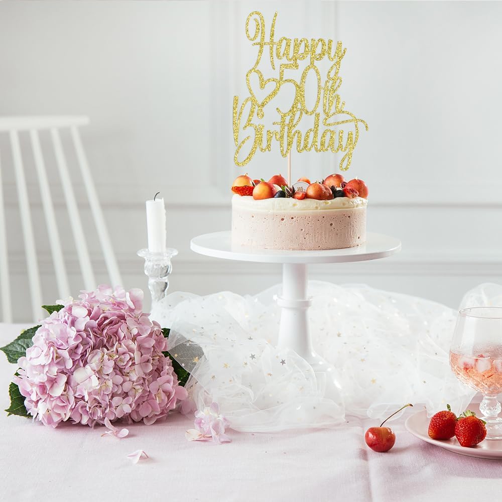 Gold Glitter Happy 50th Birthday Cake Topper - Cheers to 50 Years Cake Topper, 50 & Fabulous Cake Decoration for Hello 50th Birthday Anniversary Party Cake Decorations Supplies